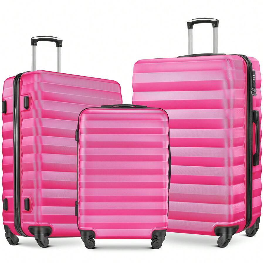Luggage Set 3 Piece Suitcase Sets With Spinner Wheel, ABS Hardside Travel Laggage Travel Suitcase Suitcases Suit Case Durable Travel Luggage,Combination Lock, 360° Smooth-Rolling Wheels, Large Capacity For Travel, Ideal For School/College/Office Use, Suitable For Boys/Girls/Women/Man, Perfect For Trips & Daily Needs - 玫瑰紅 - 查看 1