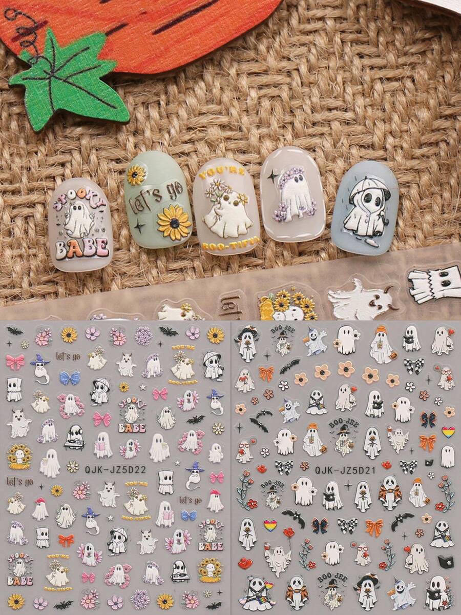 2 件可爱卡通万圣节美甲浮雕贴纸 - 鬼魂、南瓜、蜘蛛、小鬼和花朵图案，女士自粘美甲贴花，5D 浮雕饰面，可爱、有趣和卡通主题，易于粘贴指甲装饰、DIY、节日礼物、派对风格 - 彩色 - 查看 1