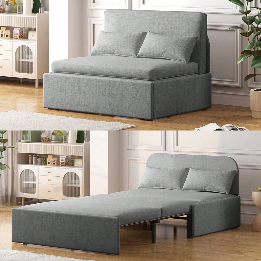 Twin/Queen Size 2 In 1 Convertible Sofa Bed, Linen Loveseat With 1 Foldable Mattress And 2 Cushions, Pull Out Sleeper Sofa,Couch Bed For Small Place, Apartment And Office And Living Room - 淺灰色 - 查看 1