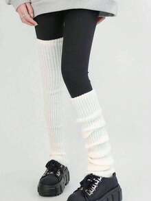半双装女士大象罗纹针织长腿套，舒适学院风，过膝长款，适合各种日常穿着，温暖舒适 - 白色 - 查看 5