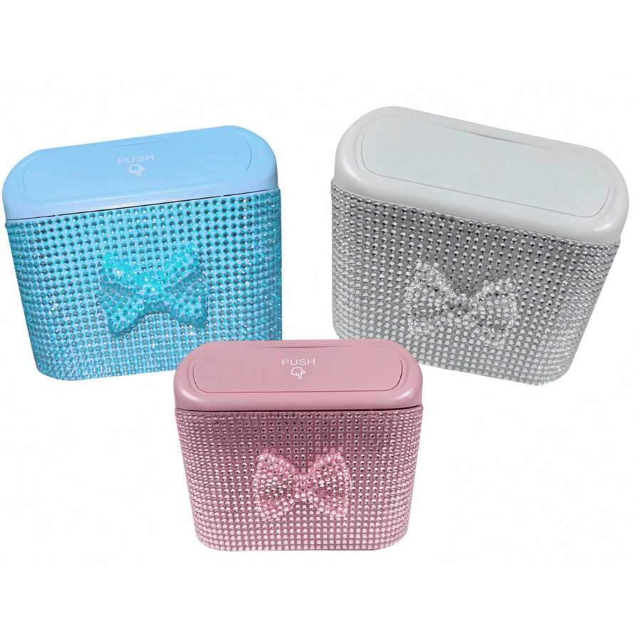 Car-Mounted Cute Bow Diamond-Studded Trash Can, Portable Press-Type Car Trash Can, Sparkling Diamond Trash Can, Car Decorative Trash Can