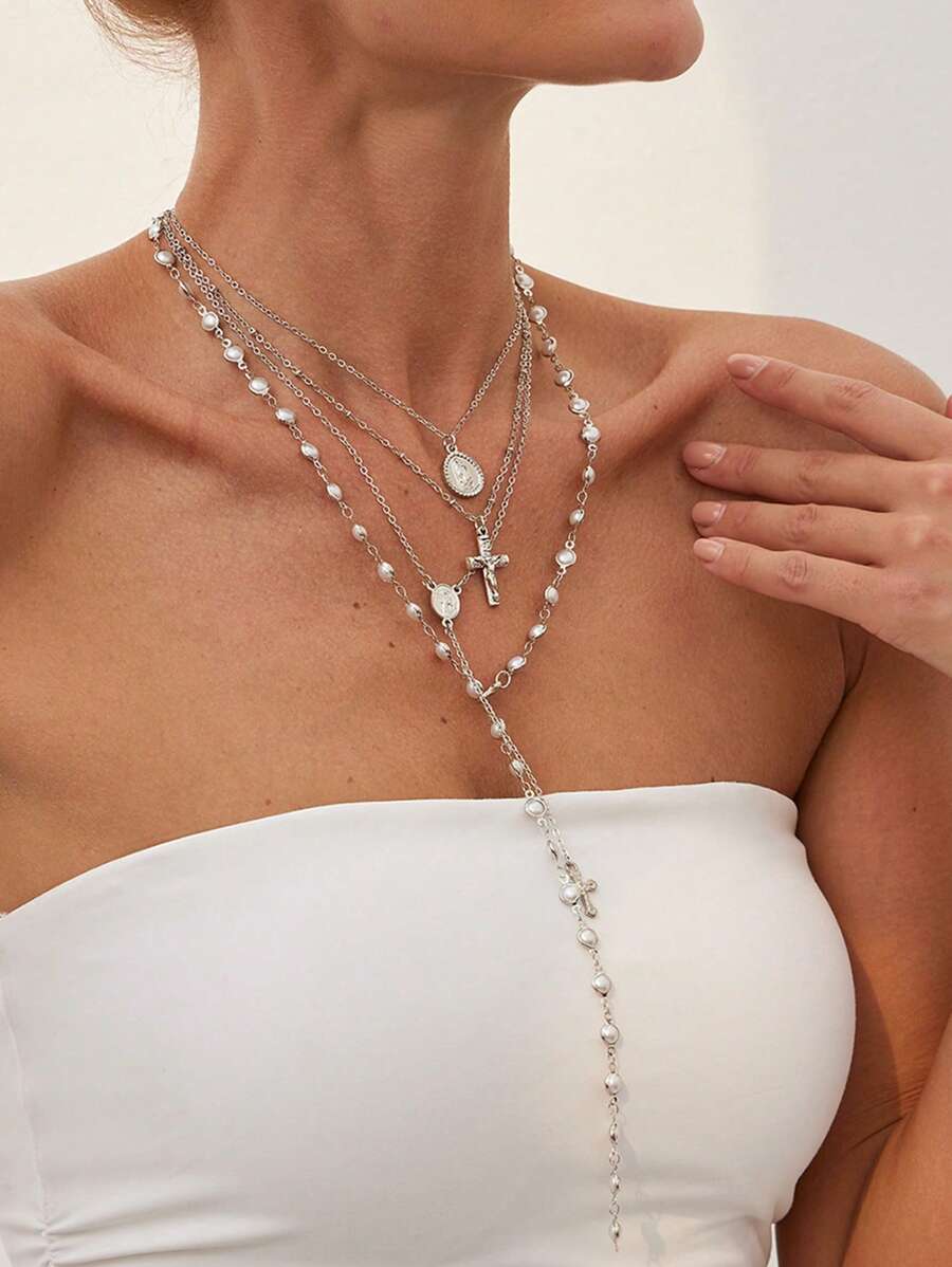 4pcs/Set Bohemian Crystal Tassel Necklace, Long Pendant Necklace, Vacation Style Jewelry, Suitable For Parties, Gifts, And Daily Wear - Silver - View 1