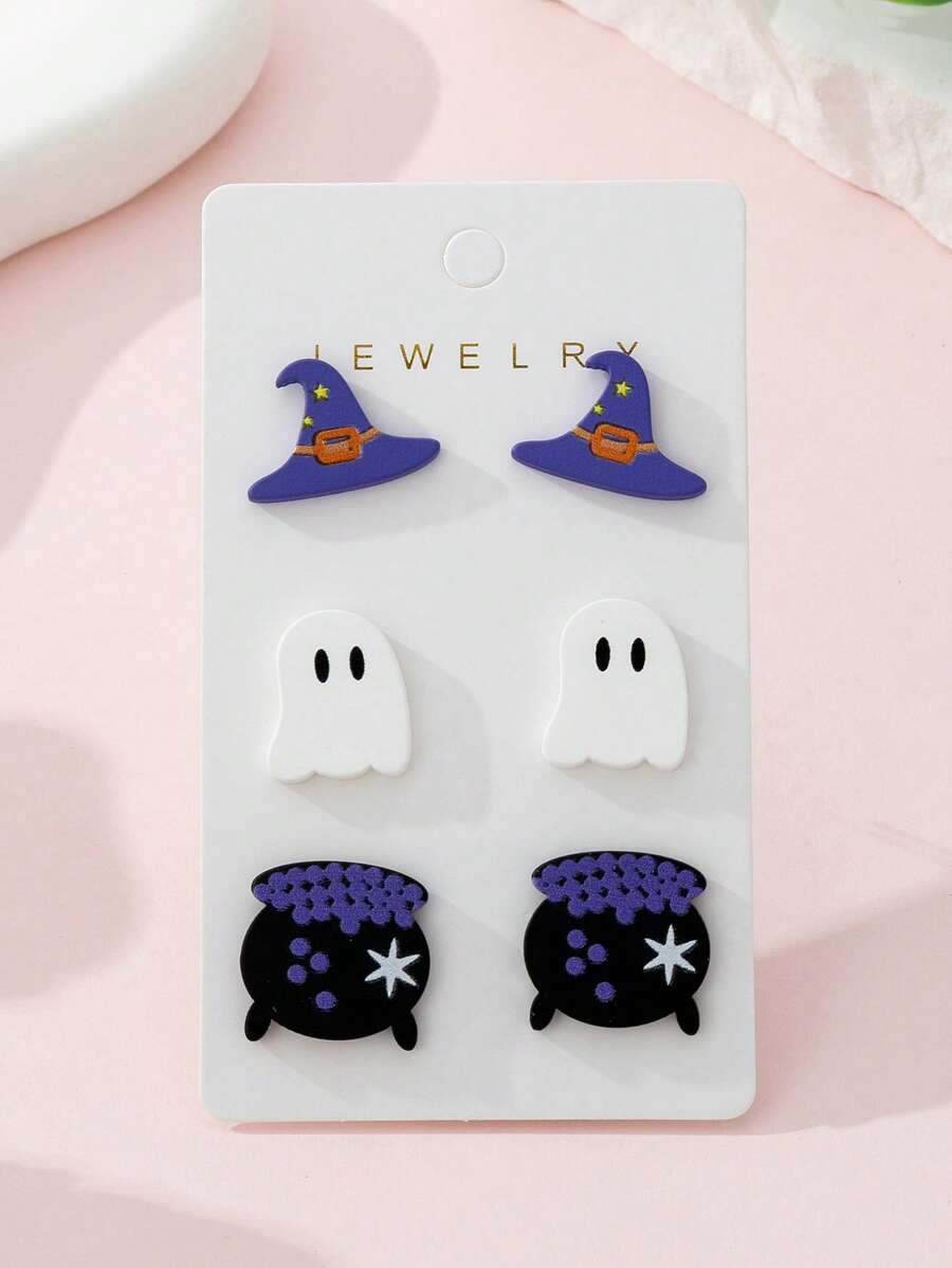 Set de 3 pares de aretes de joyería de moda para mujer con diseño de sombrero de bruja y fantasma esmaltado de cerámica falsa, regalo perfecto para fiestas y reuniones