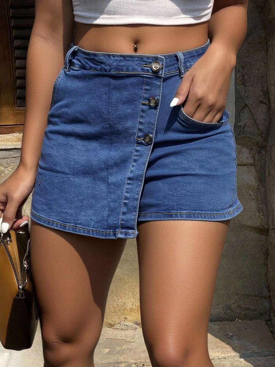 Falda-pantalón vaquera asimétrica de talle alto en azul, con cierre de botones y diseño versátil - Azul lavado medio - Ver 1