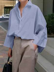 女士法式纯色长袖商务面试通勤休闲宽松简约气质优雅春夏秋季衬衫 - 藍色 - 查看 1