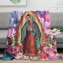 Virgin Mary And Rose Printed Flannel Blanket– Soft, Perfect For All Seasons,     Washable And Machine-Washable, Lightweight, Breathable, Comfortable, Warm,  Unique, 280gsm For Him And Her, Perfect For Naps, Camping, Travel, Family, Daily Life, Office Decoration, Birthday Anniversaries, Valentine's Day, Thanksgiving, Christmas, Halloween, Mother's Day, Father's Day, Wedding,   New Year Gifts Provide Personalized Ideal Gifts For Her, Him, Family Members, Boyfriends,  Girlfriends, Fathers, Family Members, Mothers, Lovers,   Daughters, Sons,   Grandfathers, Grandmothers,   Friends, Classmates And Pets.   Sofa,Bed,Car,Bedroom,Living Room,Office,  Outdoor Camping, Beach,Wall Decoration Made From USA - 多色11 - 查看 7