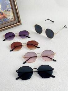 5pcs Polygonal Women's Fashion Glasses, Suitable For Daily Wear Geometric Shape Shades - 5PC Medium Box Fashion Gray Powder Gold Gray Double Gray Tea Black - View 2