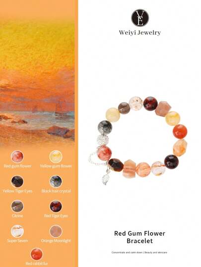 VE 1 Stück hochwertiges S925 Silber Armband mit natürlichem rotem Bernstein-Blumen-Design, mit Achat, Quarz, Labradorit, geeignet für sich selbst, beste Freundin, Freundin, Mutter, unisex. Schmuckfarben zufällig sortiert