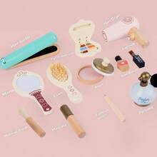 1 套木制儿童化妆工具玩具，逼真的化妆游戏，儿童角色扮演玩具，益智学习玩具 - 藍色 - 查看 3