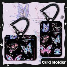 1 pieza Estuche protector de tarjeta con pintura de mariposa y cisne, para tarjeta universitaria, tarjeta de autobús, tarjeta de estudiante, tarjeta de acceso, tarjeta pequeña icónica con cordón retráctil negro a prueba de caídas y polvo - casquillos de resorte - Ver 1