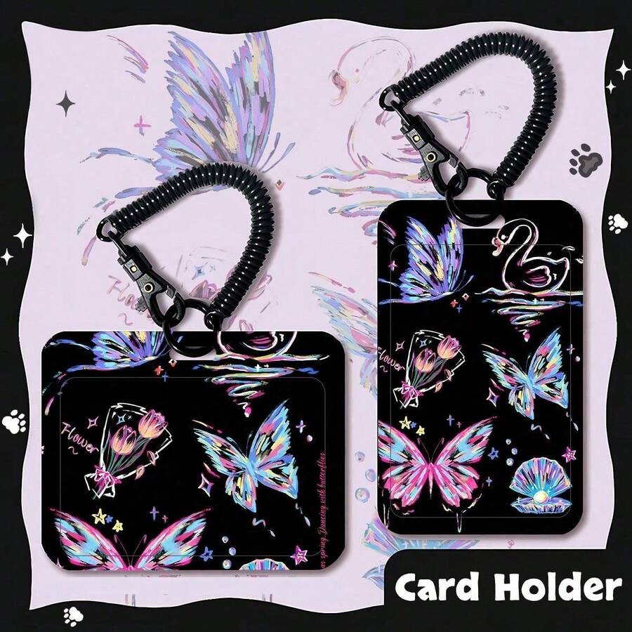 1 pieza Estuche protector de tarjeta con pintura de mariposa y cisne, para tarjeta universitaria, tarjeta de autobús, tarjeta de estudiante, tarjeta de acceso, tarjeta pequeña icónica con cordón retráctil negro a prueba de caídas y polvo - casquillos de resorte - Ver 1