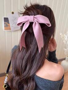 1 pieza Clip de pato coreano de punto con lazo, sensación de alta gama para mujeres, clip de cabello con cremallera a la mitad, accesorio de cabello con temperamento, clip de pato tejido de temperamento simple y versátil