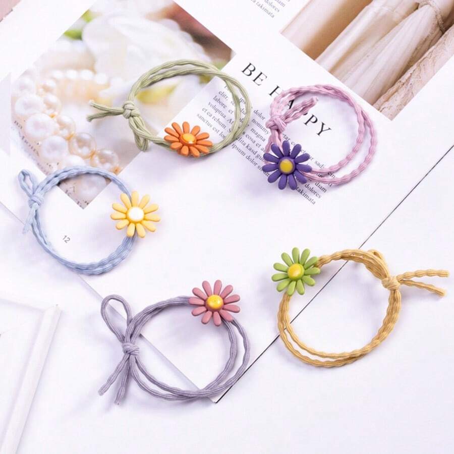 韩国向日葵和小雏菊发带（5 种颜色，随机包装）- 女士多功能弹性发饰、马尾辫夹、发圈、发圈、发橡皮筋、发绳
