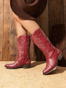 Women's Mid Calf Cowgirl Boots Cowboy Boots Pointed Toe Fashion Slip-On Chunky Heel Embroidery Stitched Western Red Boots For Festival Party Shoes - 紅色 - 查看 4