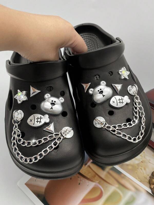 14 piezas Clips de zapato de cadena doble plateada, oso, pez, triángulo, ABS con strass en forma de estrella de cinco puntas - Decoraciones DIY multifuncionales para accesorios de clips de zapato para sandalias, pantuflas, bolsas de playa de mujeres, adecuados para regalos de fiestas de cumpleaños y vacaciones