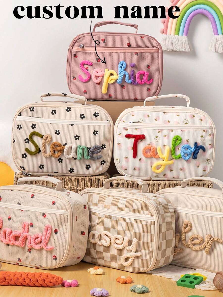 Torba na lunch z personalizowanym nadrukiem z włóczki, prezent dla dziecka, torba szkolna, torba dla dziecka, ręcznie robiona torba na lunch z imieniem, dobra jakość, wygoda, prezent urodzinowy