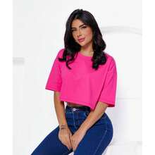 Women's Basic Cropped T-Shirt In Plain Cotton Knit - 玫紅色 - 查看 2