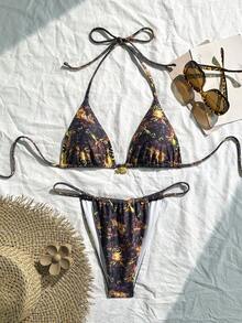 Bộ bikini nữ mùa hè in hoa phong cách Bohemian, kiểu buộc dây sau lưng, thích hợp cho kỳ nghỉ biển, lễ tốt nghiệp, dạ hội, sinh nhật. - Nhiều màu - Xem 4