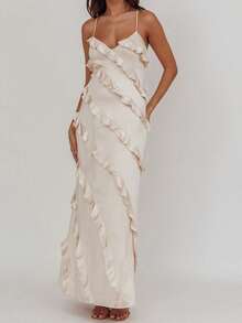 Women's Summer Long Cami Dress Sleeveless Cross Back Ruffle Trim Spaghetti Strap Dress - 米色 - 查看 1