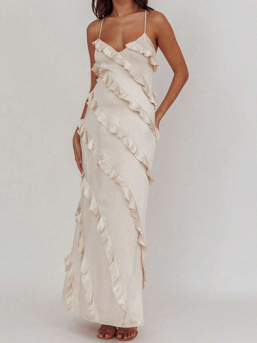 Women's Summer Long Cami Dress Sleeveless Cross Back Ruffle Trim Spaghetti Strap Dress - 米色 - 查看 1