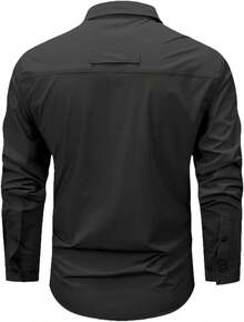 Men's Shirt With Multiple Pockets, Quick-Drying And Breathable, Suitable For Outdoor Hiking And Mountaineering; Simple Solid-Color Men's Shirts, Suitable For Spring, Summer, And Autumn Wear. - Negro - Ver 3