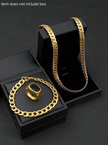 男士三件套首饰，包括金项链、手链和戒指，不锈钢材质，18K镀金，粗链嘻哈时尚首饰，节日送给男友的礼物