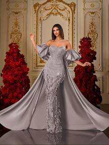 Olive Green 3D Petal Beaded Strapless Satin Mermaid Style Luxurious Palace Style Evening Gown For Wedding Party - Purple - View 11