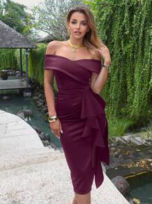 CurvySweet Elegant Vintage Ruffle Cold-Shoulder High Stretch Strapless Midi Dress In Burgundy, Built-In Bra, Semi-Formal Cocktail Gown, Wedding Guest Dress, Valentines Day Dress