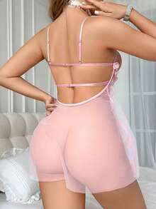 女士粉色睡衣、蝴蝶结装饰、透视露背、露胸、娃娃装、性感内衣、性感内衣裙、新娘内衣 - 淺粉色 - 查看 3