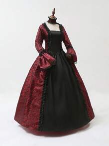 New Vintage Palace Style Printed Long Dress, Victorian Costume Performance Dress Halloween Costumes