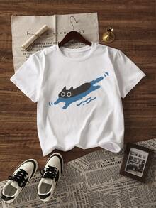 女士可爱猫咪印花圆领休闲纯棉短袖T恤，夏季新品