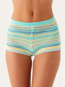 Women's Summer Knitted Shorts Colorful Striped Hot Pants Clubwear For Party Holiday Beach - Màu xanh lam - Xem 1