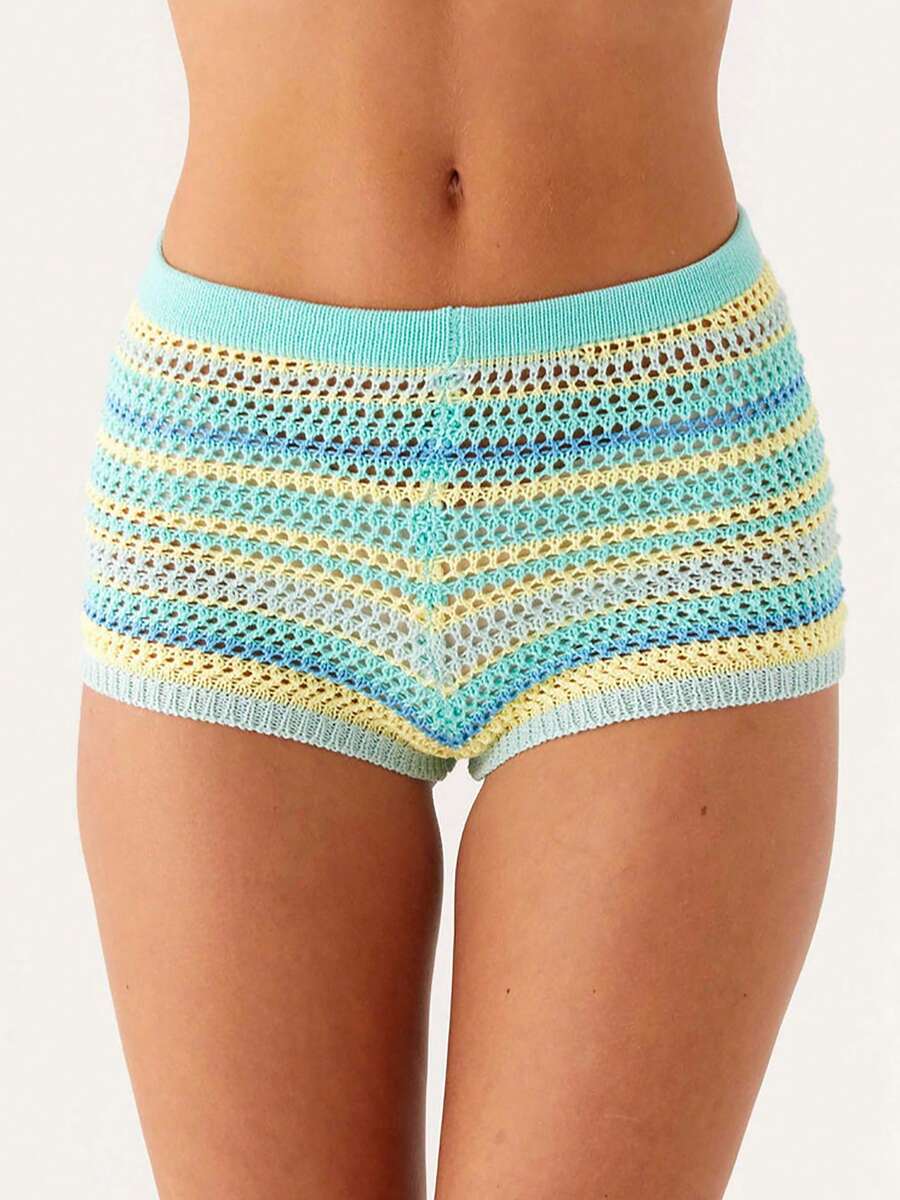 Women's Summer Knitted Shorts Colorful Striped Hot Pants Clubwear For Party Holiday Beach - Màu xanh lam - Xem 1