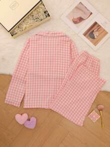 格子家居服套装，甜美可爱的翻领纽扣上衣和长裤，女士睡衣家居服，秋冬服装 - 粉色 - 查看 2