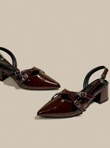 Women's Coffee Brown Patent Leather Pointed Toe Single Strap Chunky Heel Pumps, Elegant Pointed Toe Formal High Heels, Fashion Slingback High Heel Shoes