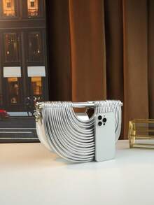 面条元素手提包，饺子形女士斜挎包，马鞍包 - 銀色 - 查看 4