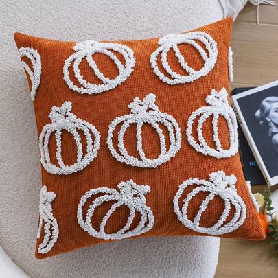 1pc Halloween Orange Pillow Cover Pumpkin Tufted Chenille Cushion Cover For Sofa Living Room Fall Decor, No Insert