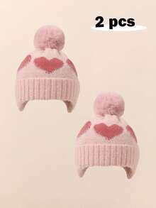 2 Peças Gorro de Bebê Menino e Menina Recém-Nascido e Bebê, Gorro de Lã Aconchegante e Quente de Inverno com Pompom em Formato de Coração, Boné Fofo para Crianças, Acessórios para Uso Externo - 1PC - Visão 14