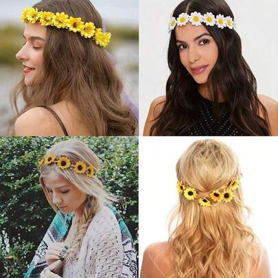 向日葵和雏菊花冠头饰，波西米亚风仿雏菊花环头饰，嬉皮新娘头饰，适合夏威夷派对、海滩拍照、派对和节日装饰