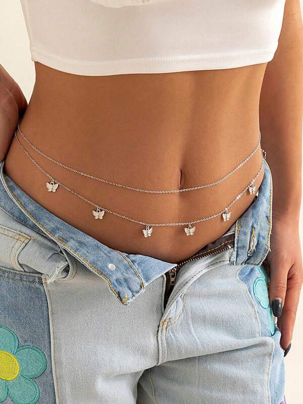 1pc Double Layered Exquisite Butterfly Fringe Waist Chain Body Chain, Sexy Beach Jewelry For Summer, Europe And America Style