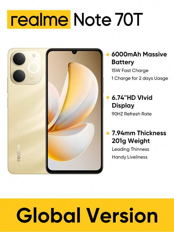 Realme Note 70T 4G Unlocked Cellphone 4GB+64GB/4GB+128GB/4GB+256GB Global Version 4G LTE, Android 15 Smartphone, 50MP AI Camera, 90Hz Display Mobile Phone Pluse Light, 6000mAh Massive Battery, 15W Fast Charge, Octa-Core Chipest, No Adaptor