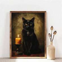 1 件黑猫复古装饰艺术帆布印刷品，经典哥特式宠物肖像墙艺术，动物主题可选框架绘画海报，适用于室内和室外装饰 - 非常适合家庭办公室、客厅、卧室家居装饰万圣节装饰秋季装饰房间装饰 - 彩色 - 查看 2