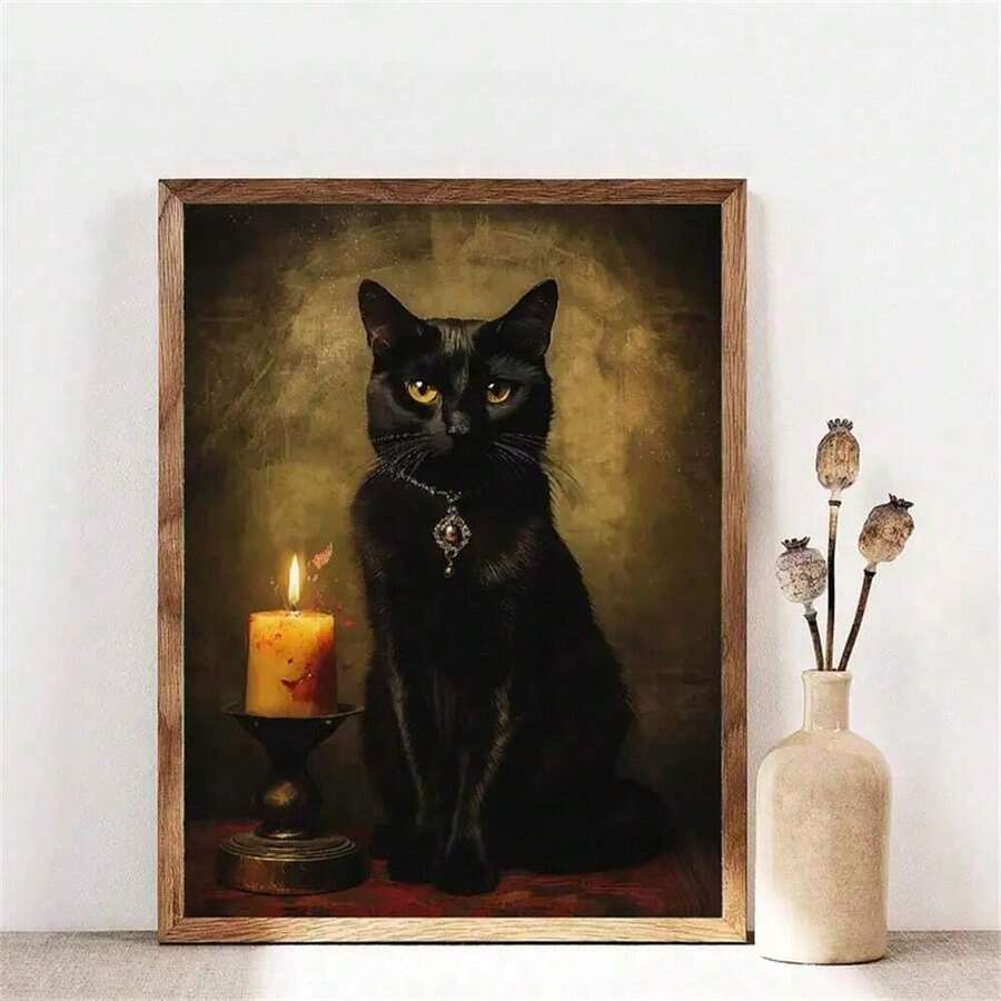 1 件黑猫复古装饰艺术帆布印刷品，经典哥特式宠物肖像墙艺术，动物主题可选框架绘画海报，适用于室内和室外装饰 - 非常适合家庭办公室、客厅、卧室家居装饰万圣节装饰秋季装饰房间装饰