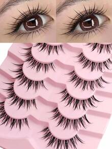Sibeuna 7 Pairs New Cartoon Style Moist False Eyelashes, Create Natural Makeup Effect, Suitable For Daily Wear, Faux Mink, Fashionable Transparent Band, Lightweight And Flowy - 漫畫款濕睫毛 - 查看 1