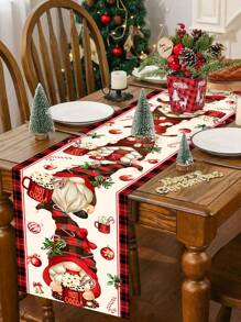 1 pieza 35*180cm/13.78*70.87 pulgadas Camino de mesa de poliéster con tema de gnomo de chocolate caliente, patrón de gnomo a cuadros rojos, cubierta de mesa de comedor navideña para fiesta festiva, decoración de mesa de cocina de Año Nuevo