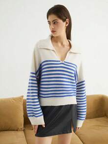 Women's Autumn/Winter Polo Collar Half-Zip Striped Pullover Sweater, Elegant Casual Style, Suitable For College, Street, Back To School Party, Travel, Tea Party, Airport Outfit, Spring/Autumn