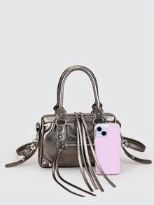 1个枪灰色拼接铆钉金属流苏拉链装饰复古PU材质肩带铆钉双提手可调节长肩带拉链闭合时尚复古甜美朋克Y2K风格方形手提包，休闲低调奢华女士斜挎包，可装手机、卡包，适合日常、旅行、购物 - 槍色 - 查看 3