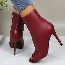 Womens Peep Toe Stiletto Booties Side Zipper High Heel Open Toe Ankle Boots CHARLIE-212 - 葡萄酒 - 查看 6