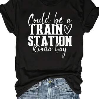 Casual Train Station Tee Shirt Casual Crew Neck T Shirt Fabric Short Length With     Station   Day Print For   Cartoon Graphic Tee220g Heavy-Duty Pure Cotton T-Shirt, Fashionable And Comfortable Wo's Cotton T-Shirt, Suitable For Weekends, Travel, Shopping, Outdoor Activities Or Leisure, High-Quality Durable Fabric Suitable For All Seasons, Fashionable Top,
