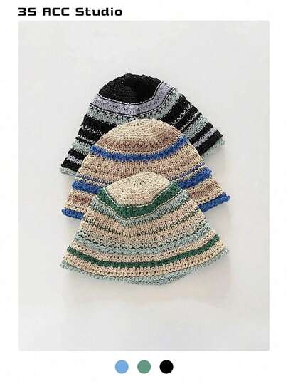 1pc Women's Contrasting Stripe Woven Bucket Hat, Versatile & Flattering, Colorful Straw Bucket Hat, Suitable For Beach